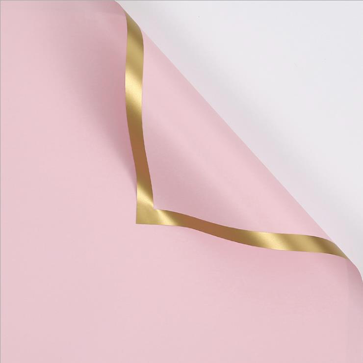Papel de regalo de flores con película nacarada sólida con borde dorado MYHC-27