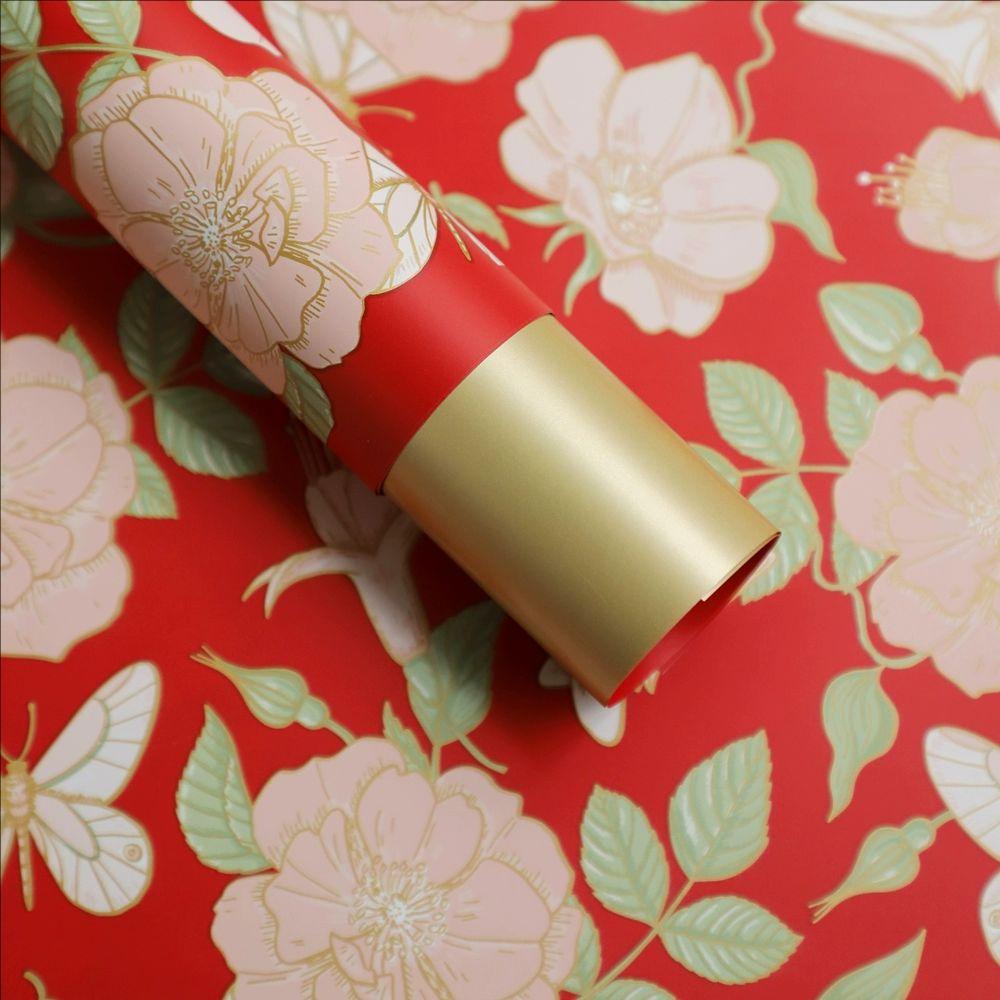 MYHC-76 Papel de regalo de flores con película nacarada y patrón de camelia vintage con bordes dorados