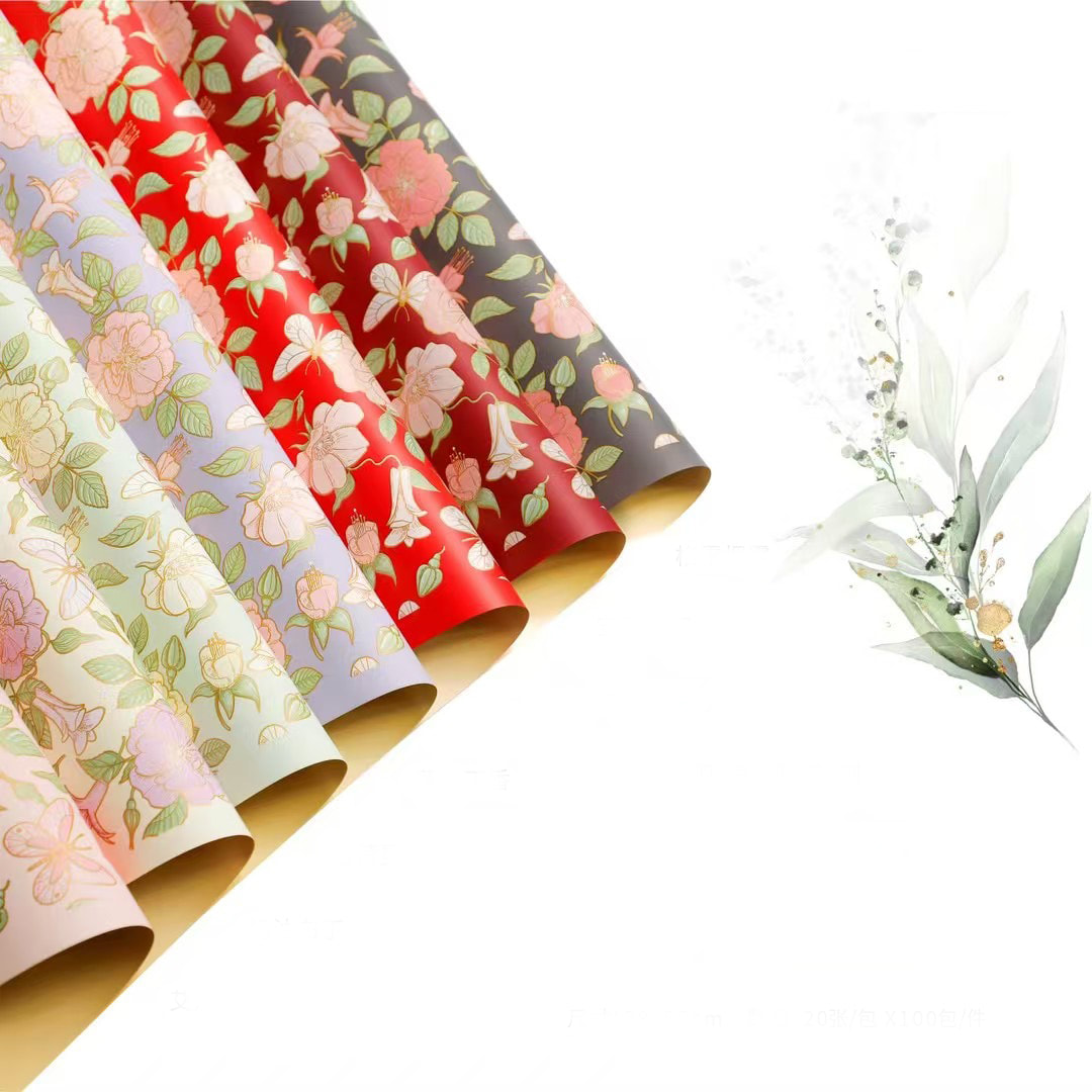 MYHC-76 Papel de regalo de flores con película nacarada y patrón de camelia vintage con bordes dorados
