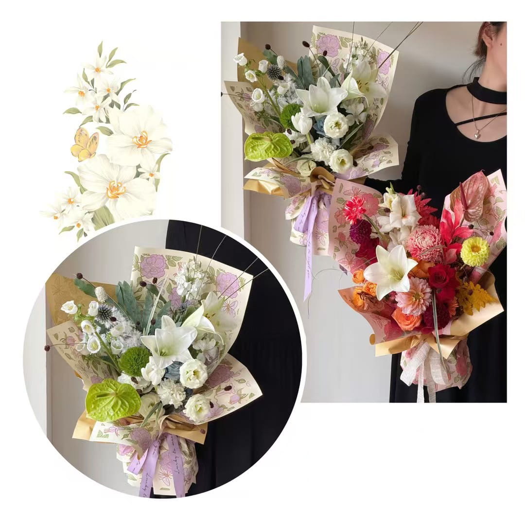 MYHC-76 Papel de regalo de flores con película nacarada y patrón de camelia vintage con bordes dorados