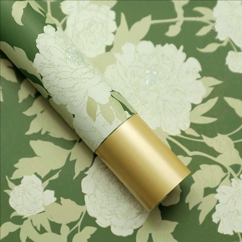 MYHC-78 Papel de regalo de flores con película nacarada y patrón de peonía de estilo chino con borde dorado