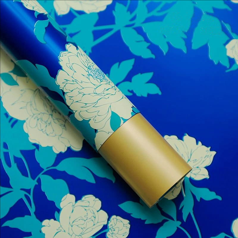 MYHC-78 Papel de regalo de flores con película nacarada y patrón de peonía de estilo chino con borde dorado