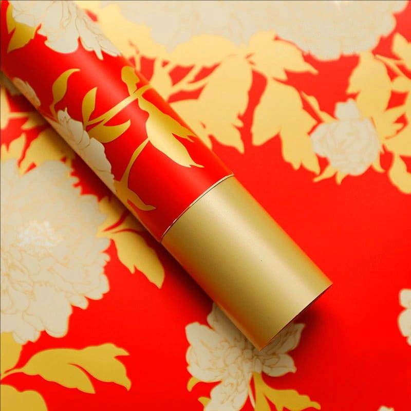 MYHC-78 Papel de regalo de flores con película nacarada y patrón de peonía de estilo chino con borde dorado