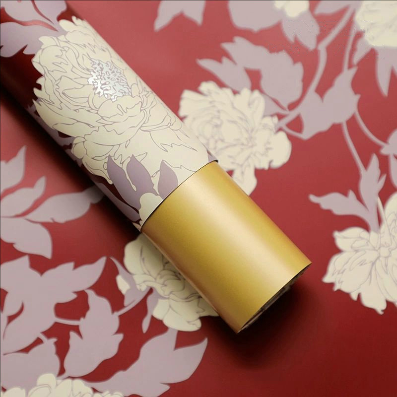 MYHC-78 Papel de regalo de flores con película nacarada y patrón de peonía de estilo chino con borde dorado