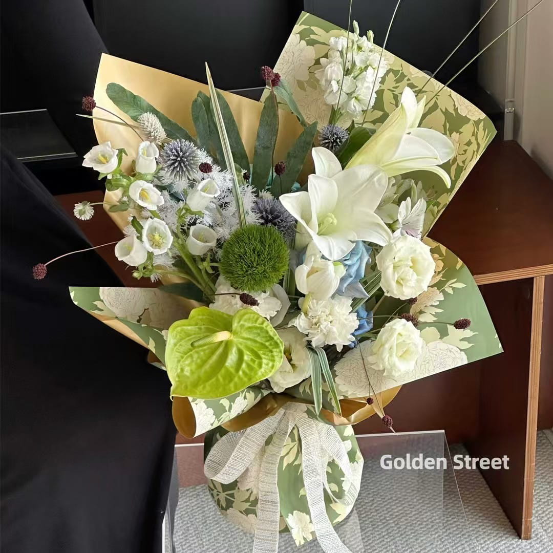 MYHC-78 Papel de regalo de flores con película nacarada y patrón de peonía de estilo chino con borde dorado