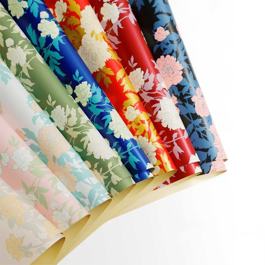 MYHC-78 Papel de regalo de flores con película nacarada y patrón de peonía de estilo chino con borde dorado