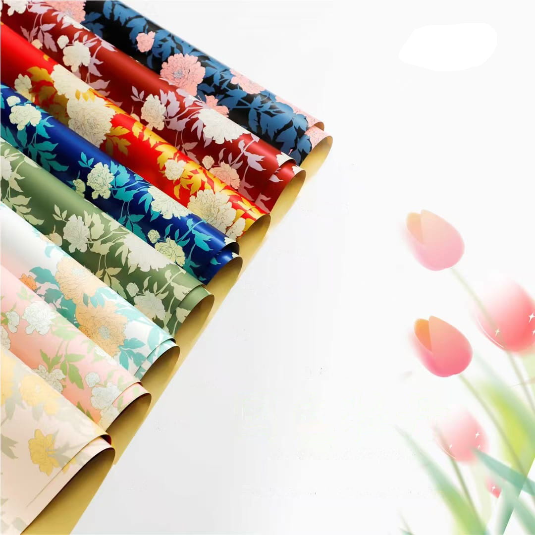 MYHC-78 Papel de regalo de flores con película nacarada y patrón de peonía de estilo chino con borde dorado