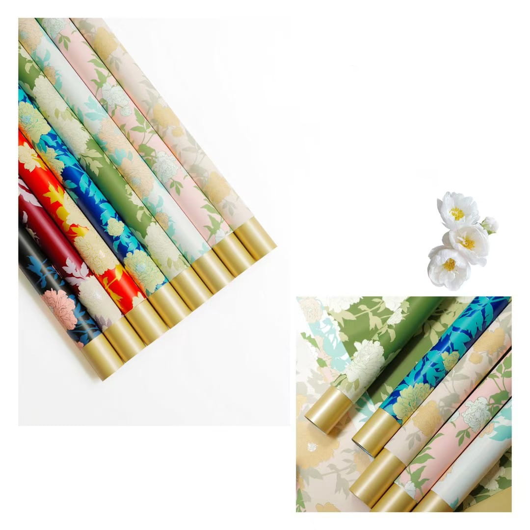 MYHC-78 Papel de regalo de flores con película nacarada y patrón de peonía de estilo chino con borde dorado