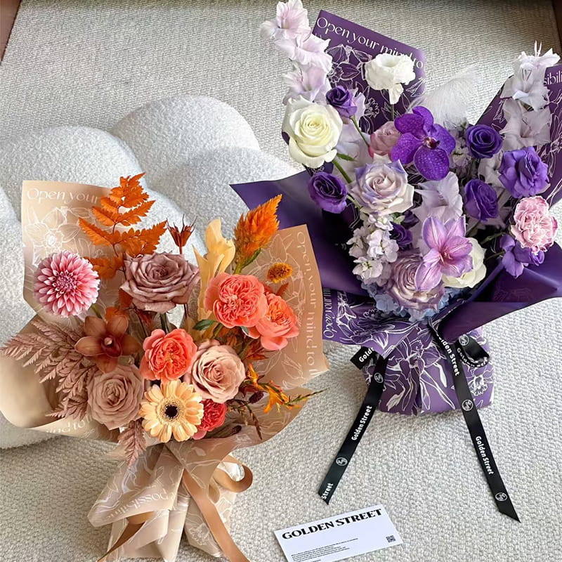 MYHC-78 Papel de regalo de flores con película nacarada y patrón de peonía de estilo chino con borde dorado