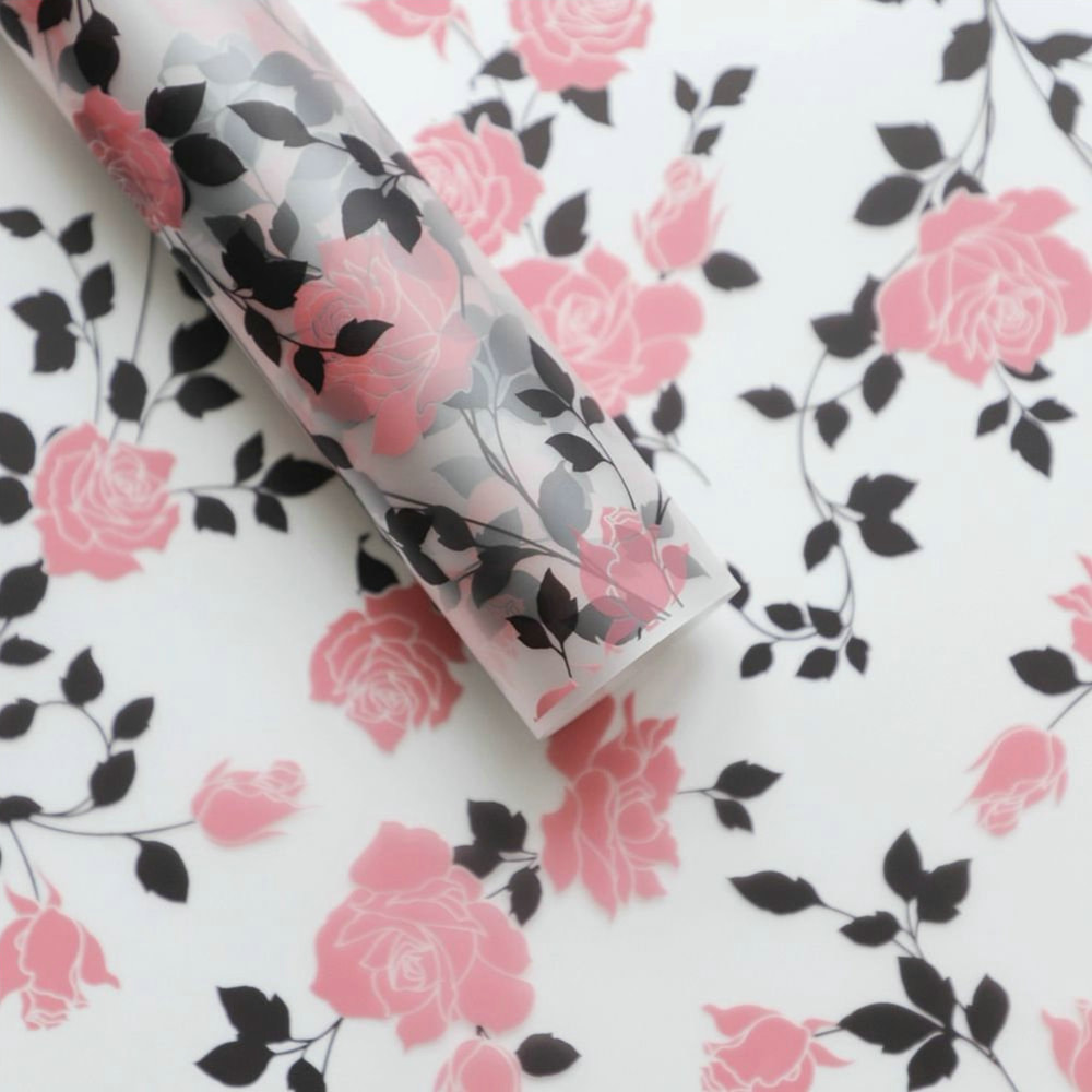 MYHC-79 Película para embalaje de flores transparente, bicolor, con estampado de rosas