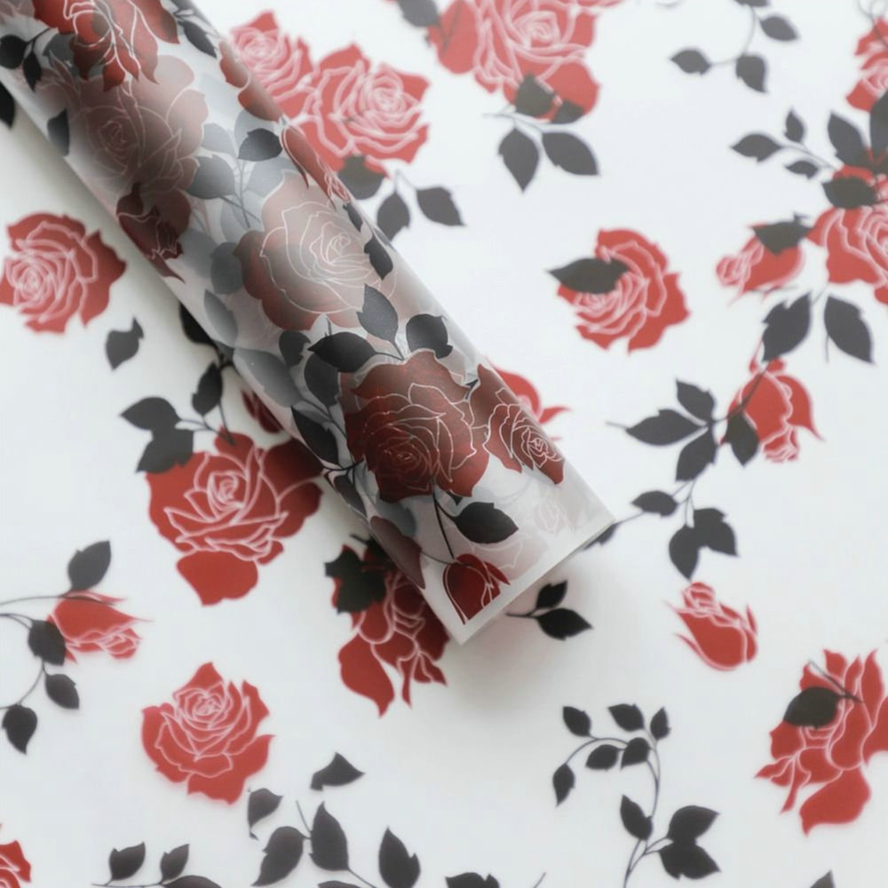 MYHC-79 Película para embalaje de flores transparente, bicolor, con estampado de rosas