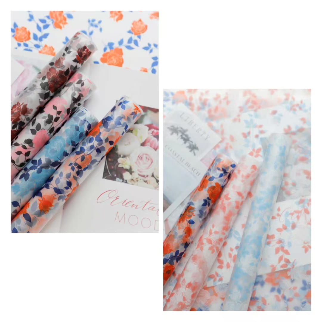 MYHC-79 Película para embalaje de flores transparente, bicolor, con estampado de rosas