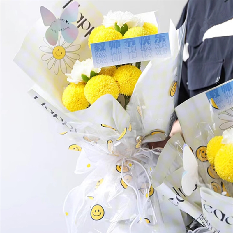 Papel de regalo de flores con cara sonriente de celofán OPP
