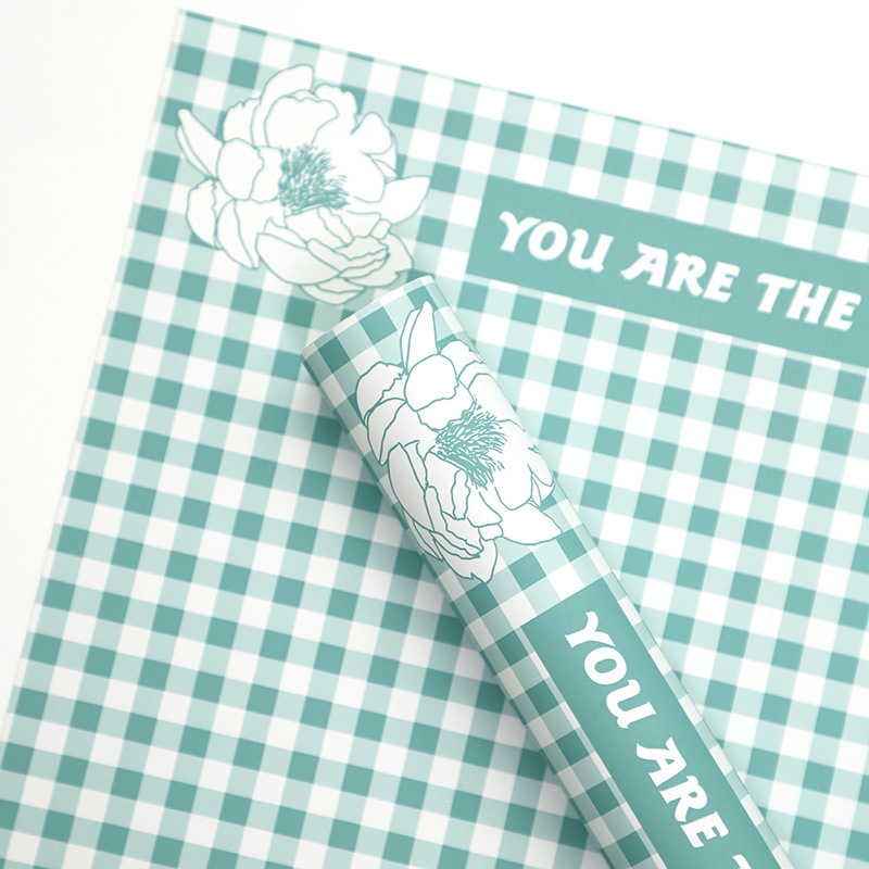 Papel de regalo de flores de plumas con patrón de cuadros