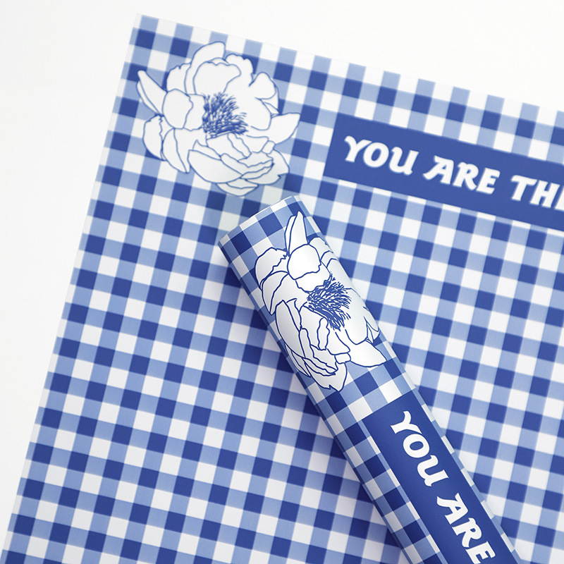 Papel de regalo de flores de plumas con patrón de cuadros