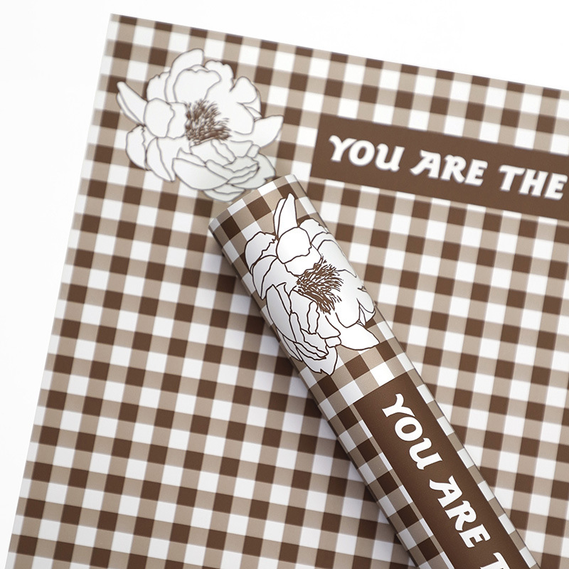 Papel de regalo de flores de plumas con patrón de cuadros